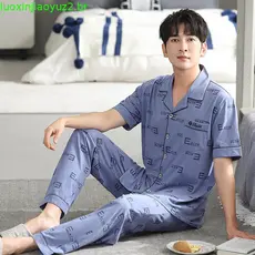 Pijama De Verão De Manga Curta Com Calças Compridas Roupa De Dormir De Algodão De Tamanho Grande Solta Fino
