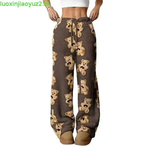 Calça De Pijama Feminina Grossa De Inverno Estampada Solta De Perna Larga