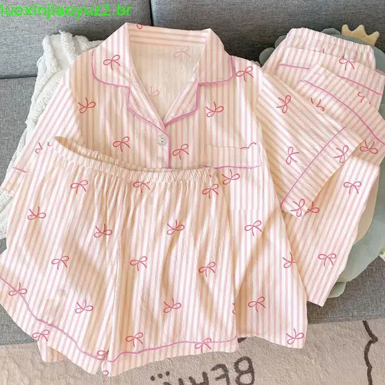 Conjunto de Verão de Três Peças: Pijama Fino para Mulheres, Fofo e Doce, Laço de Borboleta, Roupa de Casa 2026 2026