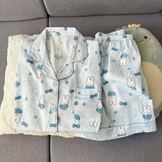 Pijama De Algodão Miffy Rabbit Colud Azul Claro Feminino Verão Macio Manga Curta Tiros