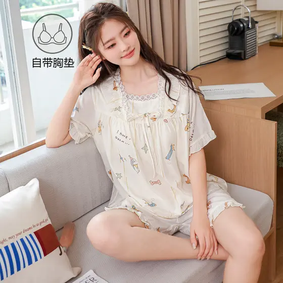 Conjunto De Pijama Princesa Com Gola De Renda Manga Curta/Longa Para Meninas Loungewear