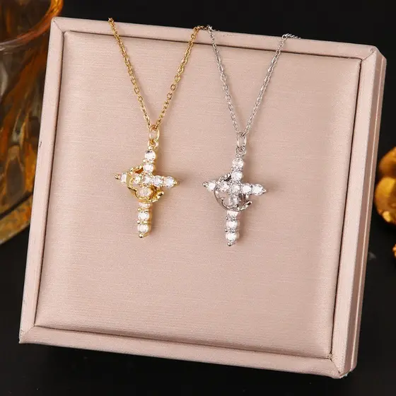 Colar De Diamante Com Cruz De Coroa Rotativa Banhado A Ouro Elegante Pingente Giratório Colares De Corrente