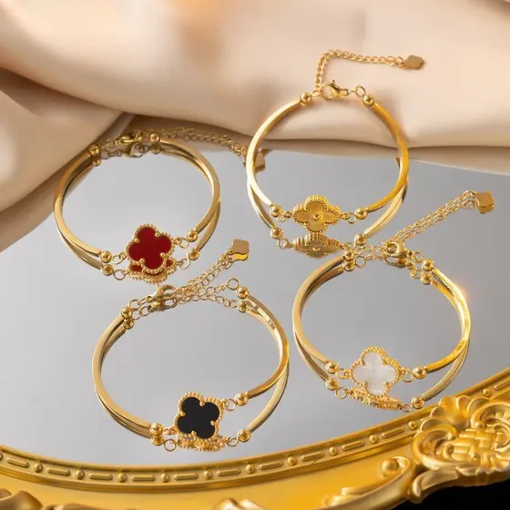 Pulseira Feminina Simples De Aço Titânio , 4 Cores , Sem Desbotamento , Moda De Alta Qualidade , Trevo De Quatro Folhas