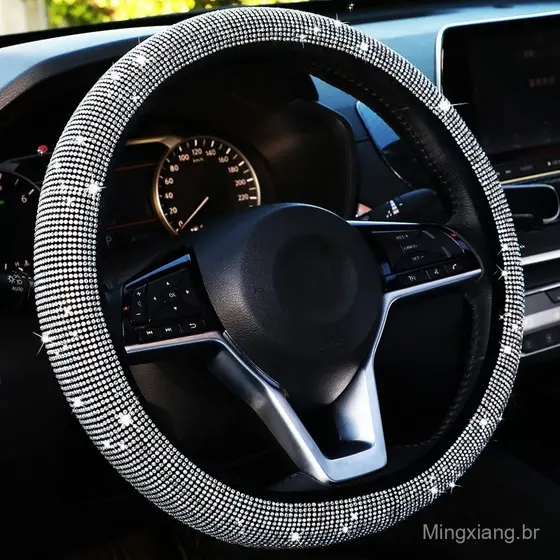 Capa para volante de carro de 38 cm, incrustada com strass de várias cores.