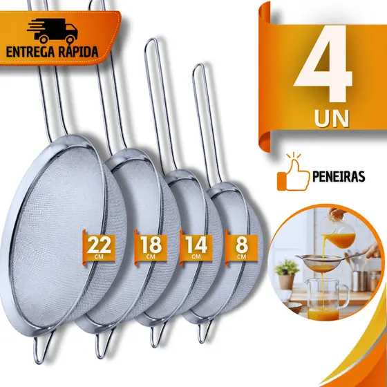 Kit Peneiras Aço Inox 22/18/14/8cm Coador Farinhas Suco Molhos Confeitaria Cozinha Multiuso Utensílios