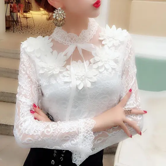 Blusa Feminina de Renda Manga Longa Slim Branca Estilo Coreano Elegante Nova Camisa 3814