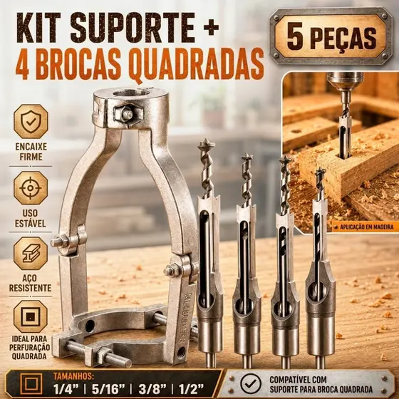 Kit 5 Brocas Furo Quadrado + Suporte Fixo Adaptador Furadeira de Bancada