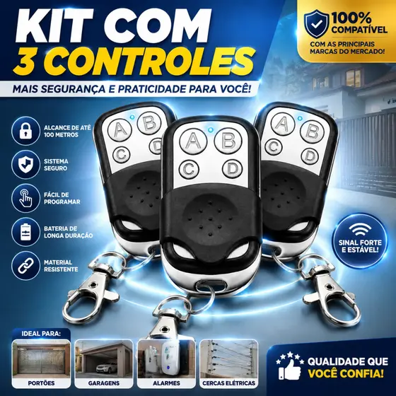 Kit 3 Controles Remoto Compatível 433Mhz Portão Electrónico Garagem 4 Botões Residencial