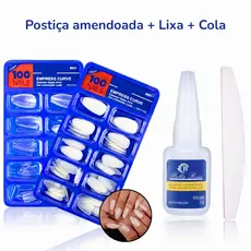 KIT 100 UNHAS POSTIÇAS AMENDOADA ALMOND BAILARINA NATURAL REALISTA + COLA UNHA + LIXA BUMERANGUE UNHA 100 180