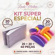Kit 20 Lixas Bumerangue 100/180 + 20 Lixas Mini Buffer Colorida Profissional Nails Unhas