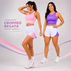 Conjunto Fitness Feminino Top Cropped Regata Short Duplo Academia Treino Corrida Proteção UV