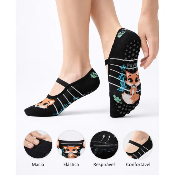 Kit 3 Meias Sapatilha Antiderrapante 35/40 Divertida Atoalhada Pilates Yoga e Hidroginástica Conforto Premium(A)