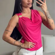 Blusa Feminina Linda Elegante Social Gola Boba Detalhe De Fivela Poliamida Casual Básica Chique Slim Moderna