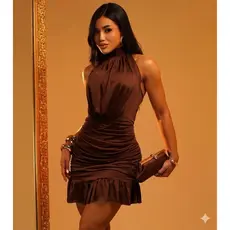 Vestido Elegante Soltinho Feminino Curto Única c Bojo Suplex Gola Alta Amarração No Pescoço Drapeado Poliamida moderno