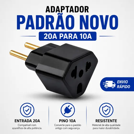 Adaptador Tomada 20A Para 10A Pino Grosso Benjamin Resistente Bivolt