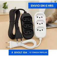 Extensão elétrica de 3 5 10 metros bivolt 110v/220v preta branca 3 pinos 10A padrão brasileiro