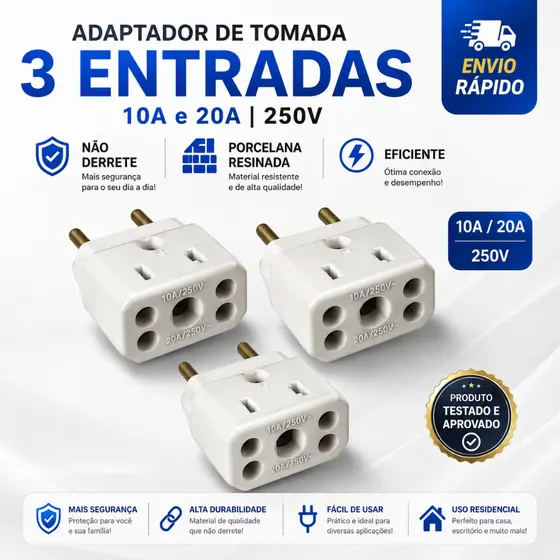 Adaptador Tomada Porcelana 3 Entradas Universal 10A 20A Não Derrete