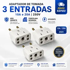 Adaptador Tomada Porcelana 3 Entradas Universal 10A 20A Não Derrete