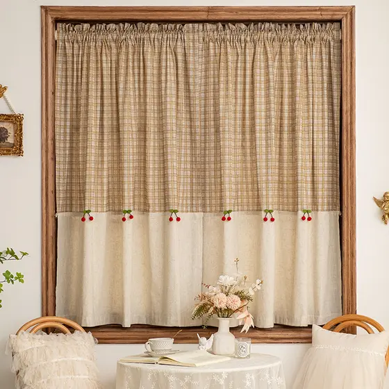 Linho de algodão francês Retro Pastoral xadrez cereja meia cortina perfurada pequena janela cozinha americano armário po