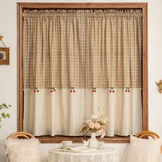 Linho de algodão francês Retro Pastoral xadrez cereja meia cortina perfurada pequena janela cozinha americano armário po