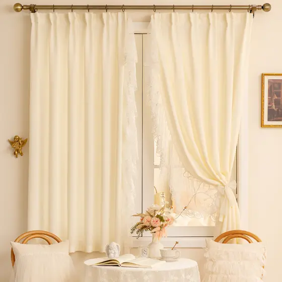 Cortina de gaze de renda francesa cremosa transparente cortina impervosa estilo princesa quarto sala de estar cortina de