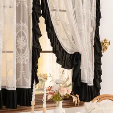 Francês Retro romântico Rococo cortina preto babados renda gaze cortina luz luxo quarto sala de estar americano meia cor