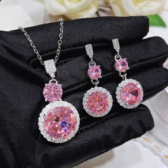 Colar de imitação de zircônia rosa, conjunto de cristais rosa cerejeira, brincos longos de diamante rosa Argyle e pingen