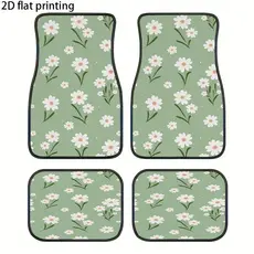 4 peças de tapetes para pés de carro, padrões de fundo verde margarida pequena, tapetes universais de carro, laváveis,