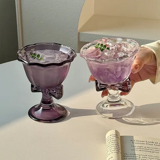 Copo de vidro em relevo estilo palácio, primeiro rolo, copo de sobremesa de alto valor, Design sentido, Milkshake, fruta