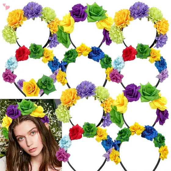 Tiara De Coroa De Flor Mexicana Colorida Artificial Rosa Margarida Headpiece Para Mulheres Fiesta Acessório De Cabelo Fe