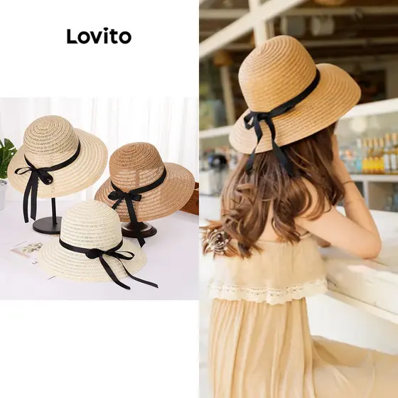 Casual Chapéu de Sol Feminino Liso de Palha com Laço LFA20142
