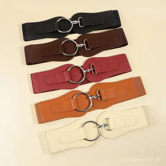 Cinto Largo Elástico Feminino – Couro PU Ajustável Estiramento Emagrecimento Ajuste Cintura Para Vestidos/Casacos