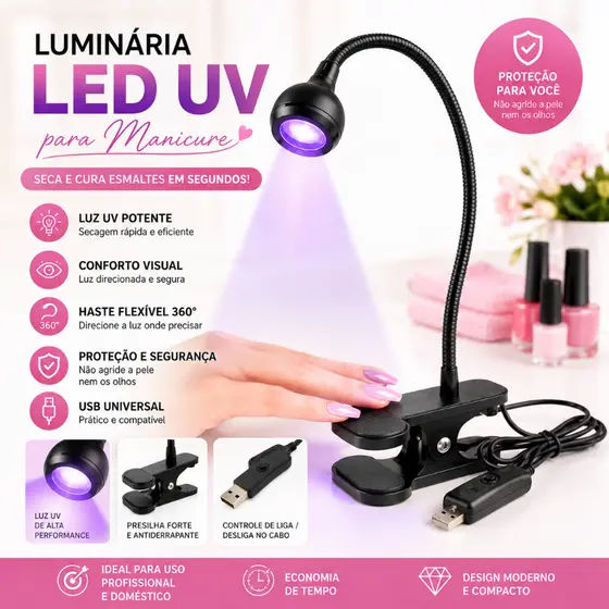Luminária LED UV Ultravioleta de Mesa com Garra Presilha USB para Manicure e Unhas