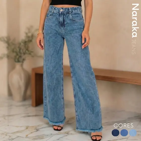 Calça Wide Leg Jeans Feminina Cintura Alta
