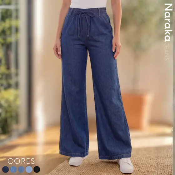 Calça Wide Leg Feminina Cintura Alta Pantalona Tecido Leve