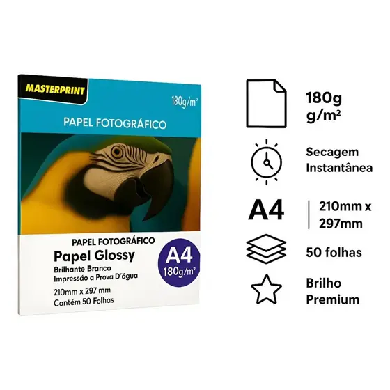 Papel Fotográfico Glossy 180gr Masterprint A4 50folhas Branco | 1/2/3/4 Packs