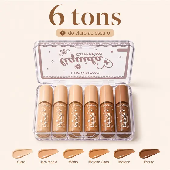 Kit 6 Corretivos Alta Cobertura Olheiras Manchas Resistente Calor Sem Álcool para Pele Sensível Bras