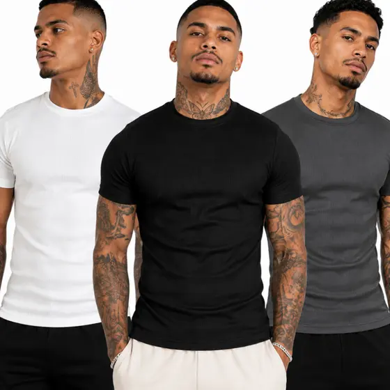 Camiseta Masculina Canelada Estilo Americana Blusa Básica Slim Fit Justa Ribana Hip Hop Rapper Verão Premium
