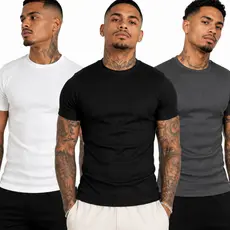 Camiseta Masculina Canelada Estilo Americana Blusa Básica Slim Fit Justa Ribana Hip Hop Rapper Verão Premium