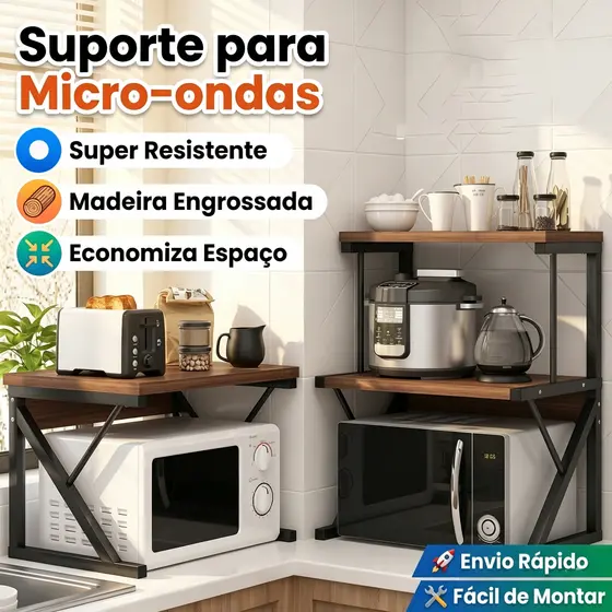 Rack Metálico Suporte Organizador Para Microondas Prateleira Dupla Metal Multiuso Cozinha