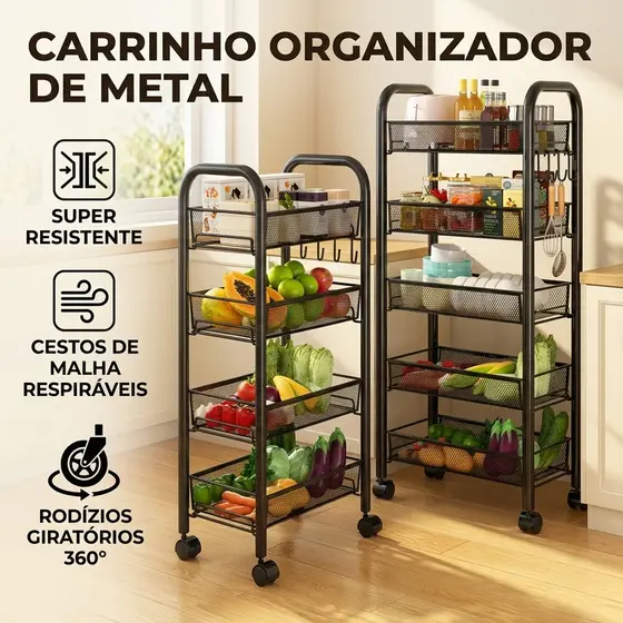 Carrinho Organizador Fruteira Multiuso Carrinho de Prateleira de Metal de 3/4/5 camadas