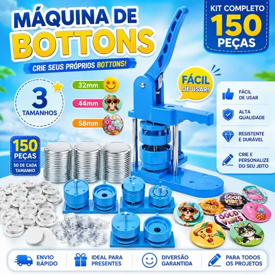 Máquina de Bottons DIY + Kit 150 Peças 32/44/58mm – Máquina de Fazer Crachás com Moldes Intercambiáveis