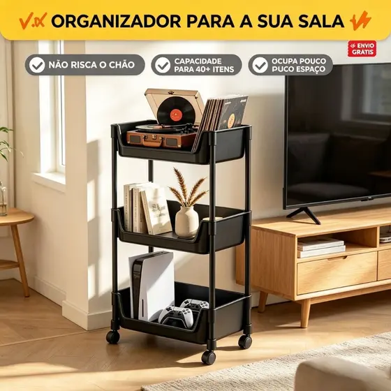 Carrinho Organizador Móvel 3 Andares Com Rodas 360 Silenciosas Para Casa