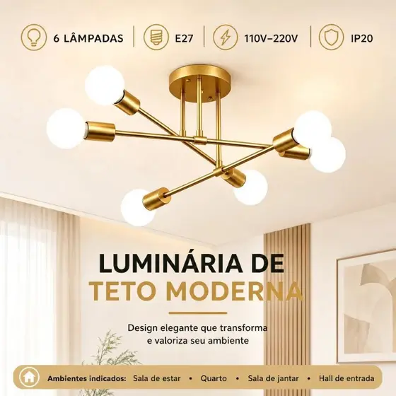 Luminária de Teto Moderna Bivolt Soquete E27 Fácil Instalação Decoração Elegante para Sala e Quarto