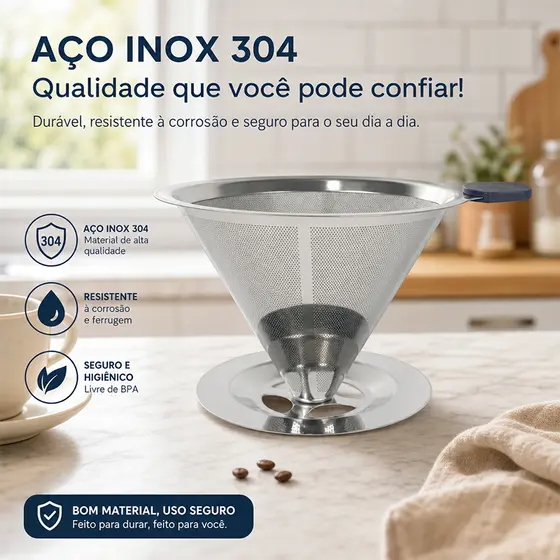 Coador de Café Aço Inox 304 Resistente à Ferrugem Higiênico para Filtragem Manual de Café em Casa