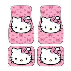 4 peças Hello Kitty e arco, fundo rosa, tapetes de pés de carro impressos Sanrio, tapetes de carro duráveis antiderrapan