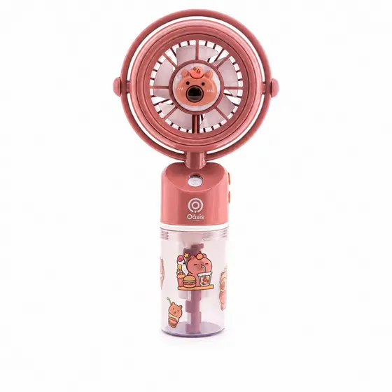 Mini ventilador portátil com névoa, 3 velocidades e recarregável. Compacto, leve e ideal para o dia a dia.