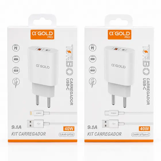 Carregador Turbo A'Gold CA40-3 40W 9.1A USB + USB-C com Cabo USB-A para Tipo-C Carregamento Rápido