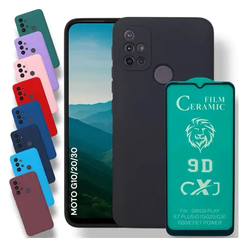 Kit Capinha + Película Moto G10 / G20 / G30 Capa Aveludada Motorola Anti Impacto Premium