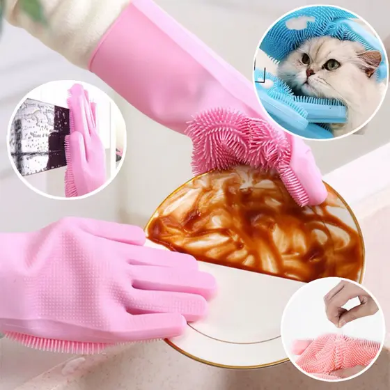 Par De Luva Mágica Multiuso Silicone Escova de Limpeza para Lavar Louças,Pratos,Pet e Carro